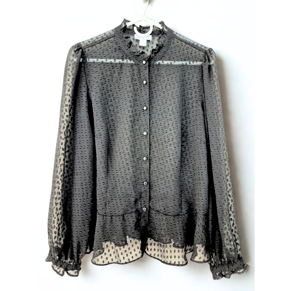 Ann Taylor Loft Sheer Blouse Sz 10 Black Fairy Grunge Ruffle Witchy Whimsigoth